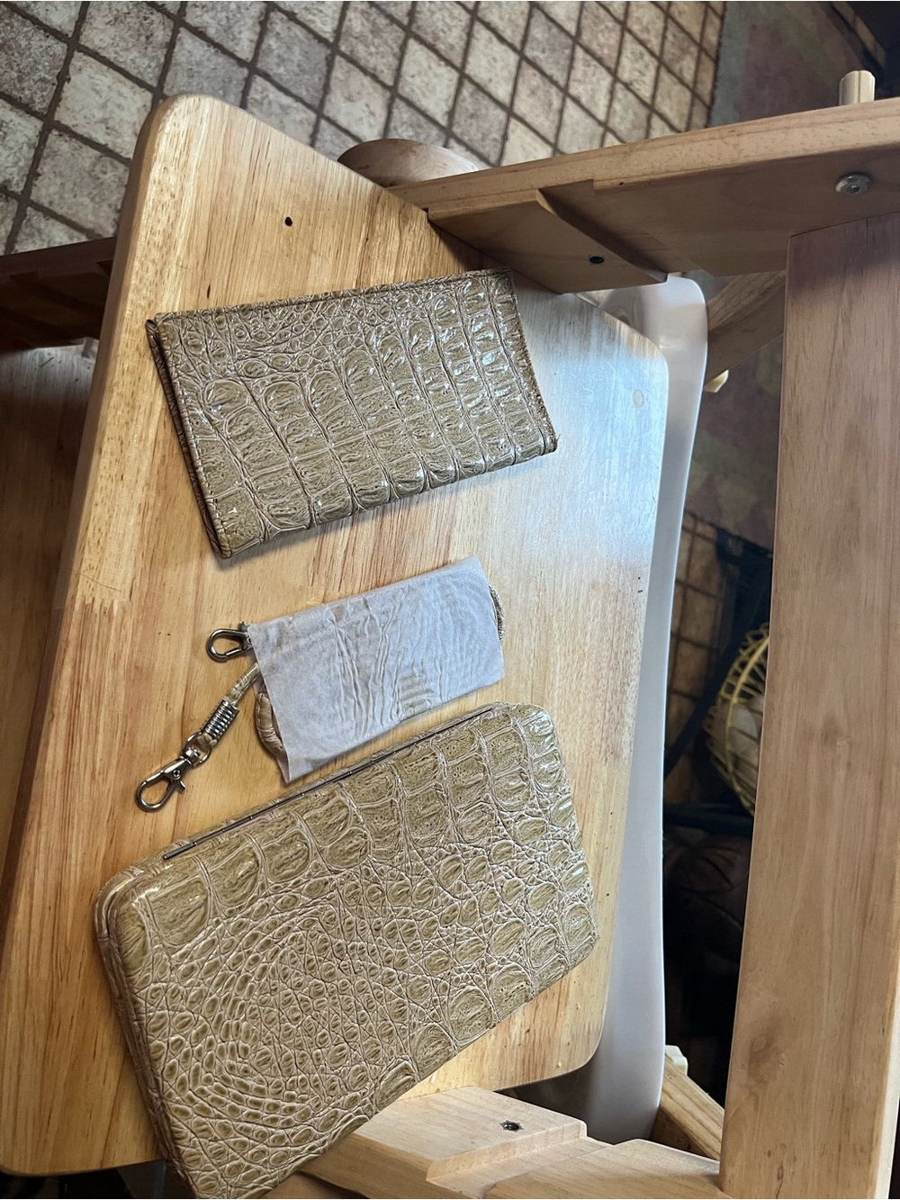 Neutral Croc-Embossed Wallet and Clutch Set crossbody strap